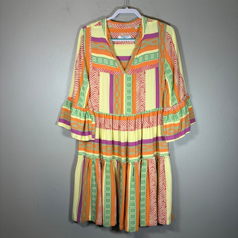Haris Cotton Greece‎ Geometric Tiered Midi Dress Orange Purple Yellow Small